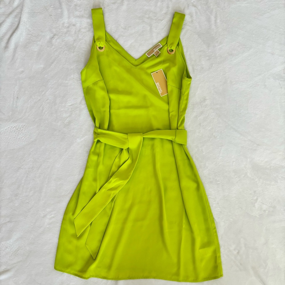 MICHAEL KORS Bright Limeade Sleeveless Belted V-Neck Dress--NWT--M